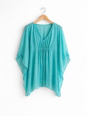 ECI New York Teal Chiffon Tunic Blouse Medium Flowy Sheer Boho Elegant Top